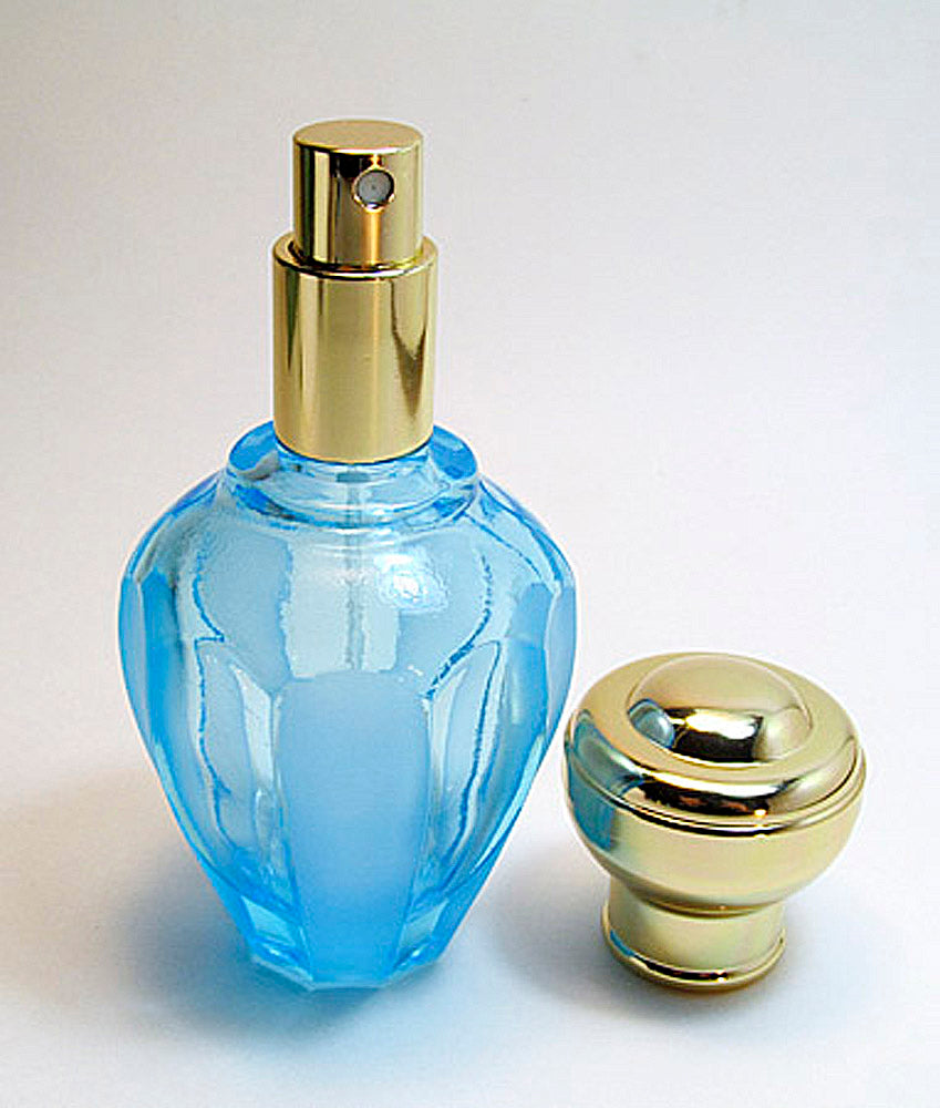 Vintage Cyan Coloured Glass Perfume Bottle With Leakproof Atomizer Pump And Cap.