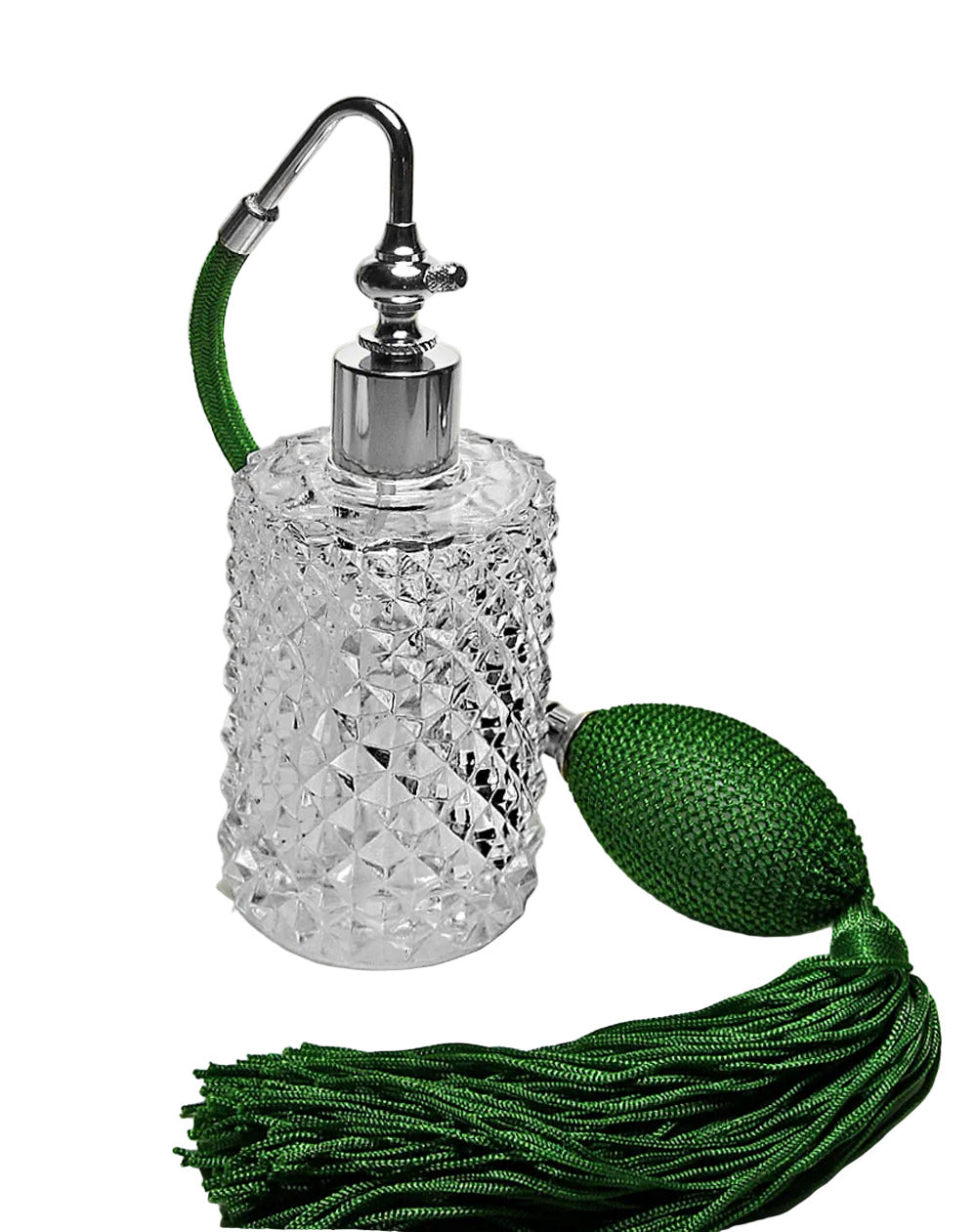 Clear glass bottle with silver pump and green cord on a white background