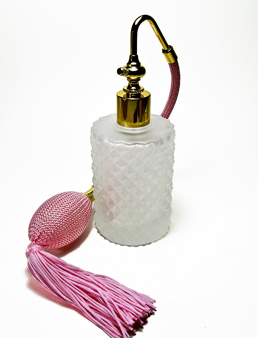 Vintage Glass Perfume Bottle With Pink Bulb And Tassel Spray Attachment.