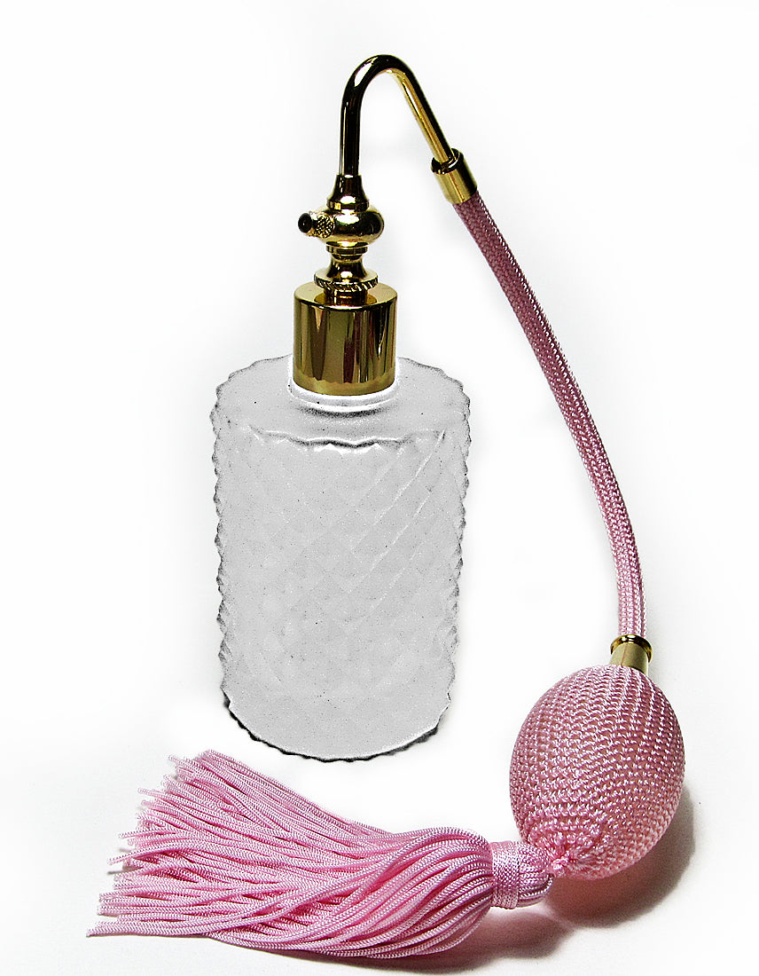 Vintage Glass Perfume Bottle With Pink Bulb And Tassel Spray Attachment.