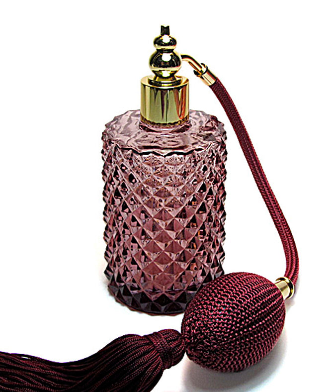 Vintage Red Purple Glass Perfume Bottle With Burgundy Bulb And Tassel Spray Attachment.