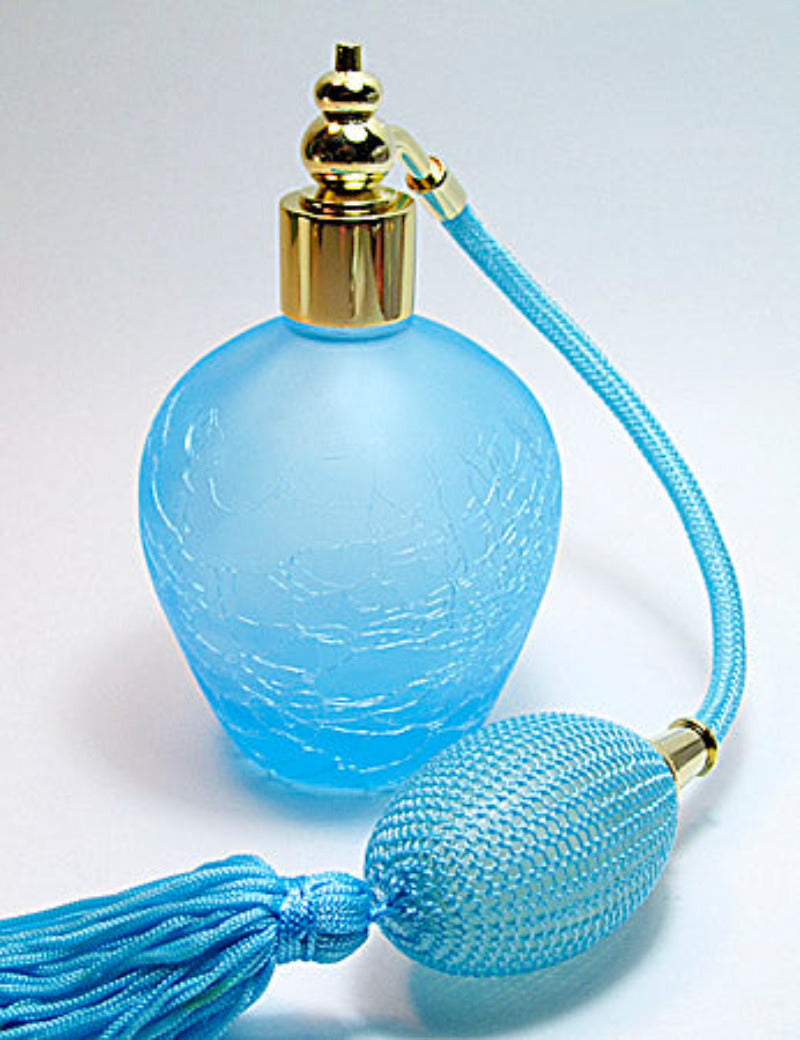 Cyan Coloured Crackle And Frosted Glass Perfume Bottle With Turquoise bulb spray mouting.