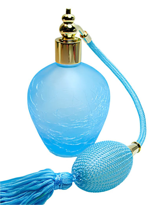 Cyan Coloured Crackle And Frosted Glass Perfume Bottle With Turquoise bulb spray mouting.