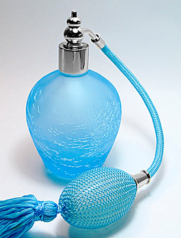 Cyan Coloured Crackle And Frosted Glass Perfume Bottle With Turquoise bulb sprayer.