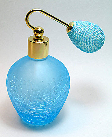 Cyan Coloured Crackle And Frosted Glass Perfume Bottle With Turquoise bulb spray mouting.