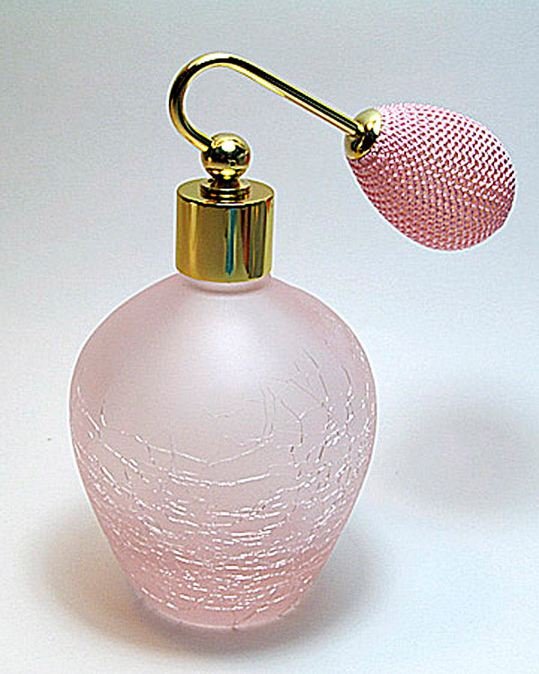 Pink Coloured Crackle And Frosted Glass Perfume Bottle With purple bulb spray mouting.