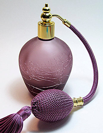 Purple Coloured Crackle And Frosted Glass Perfume Bottle With purple tassel spray mouting.