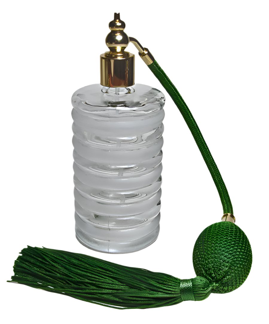 Vintage Crystal Glass Perfume Bottle With Green Bulb And Tassel Spray Mounting.