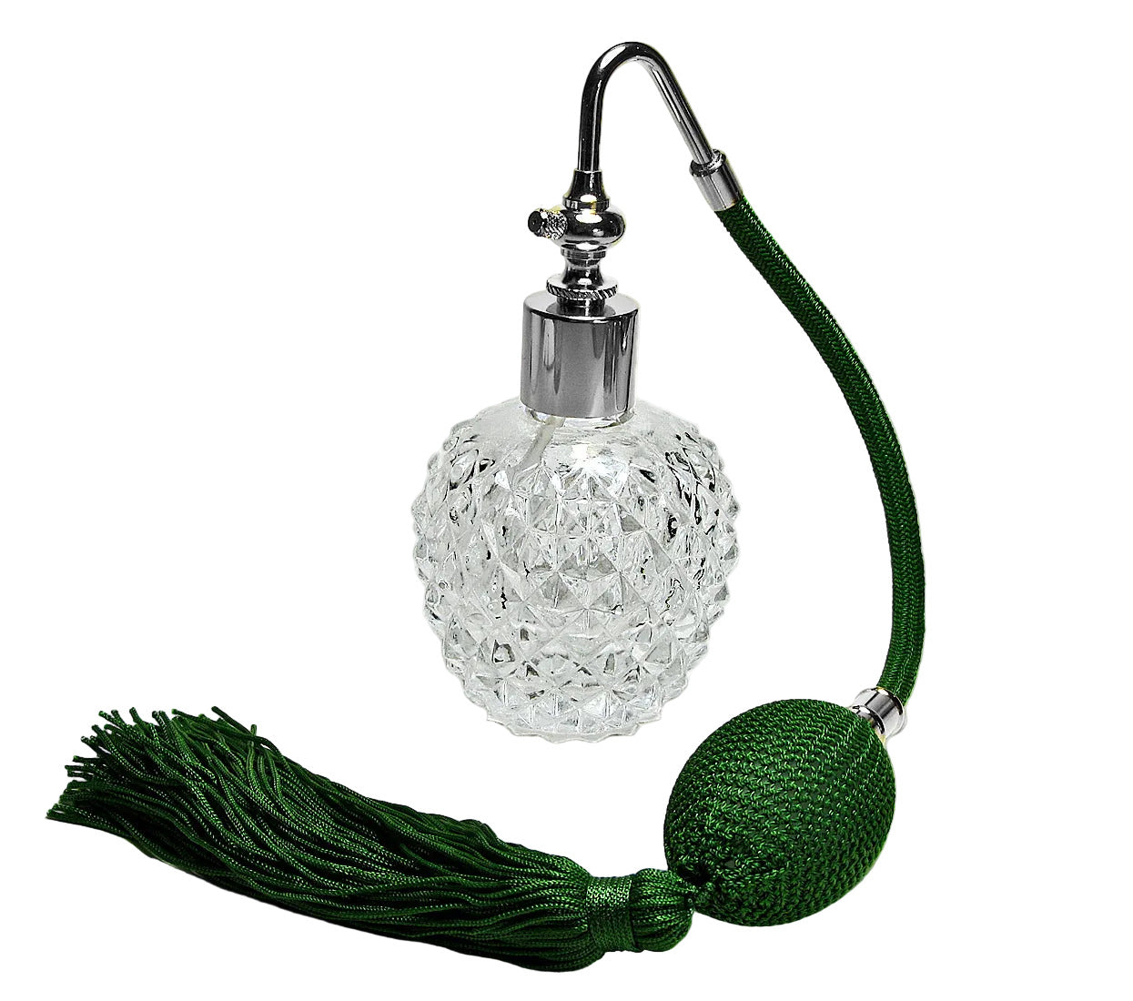 Clear glass perfume bottle with green tassel 