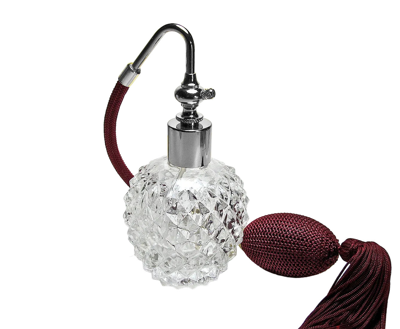 Clear glass perfume bottle with silver top and burgundy bulb sprayer