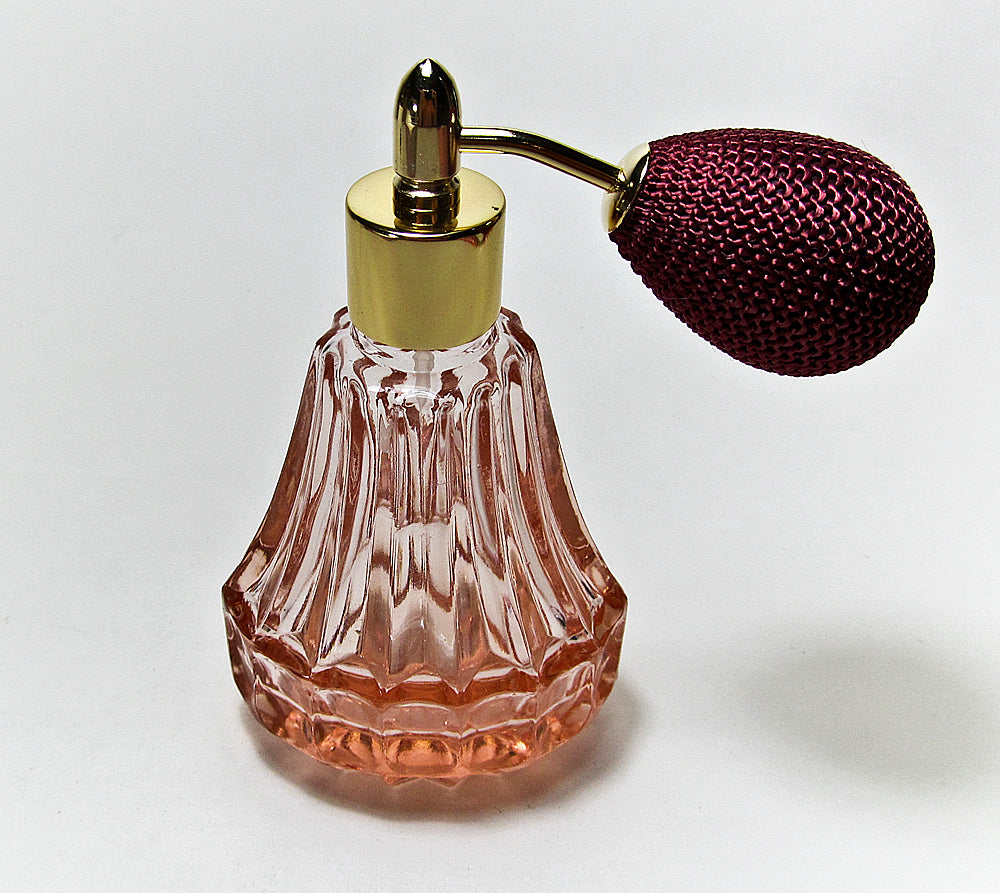 Light Red Crystal Glass Perfume Bottle With Burgundy Bulb Spray Mounting.