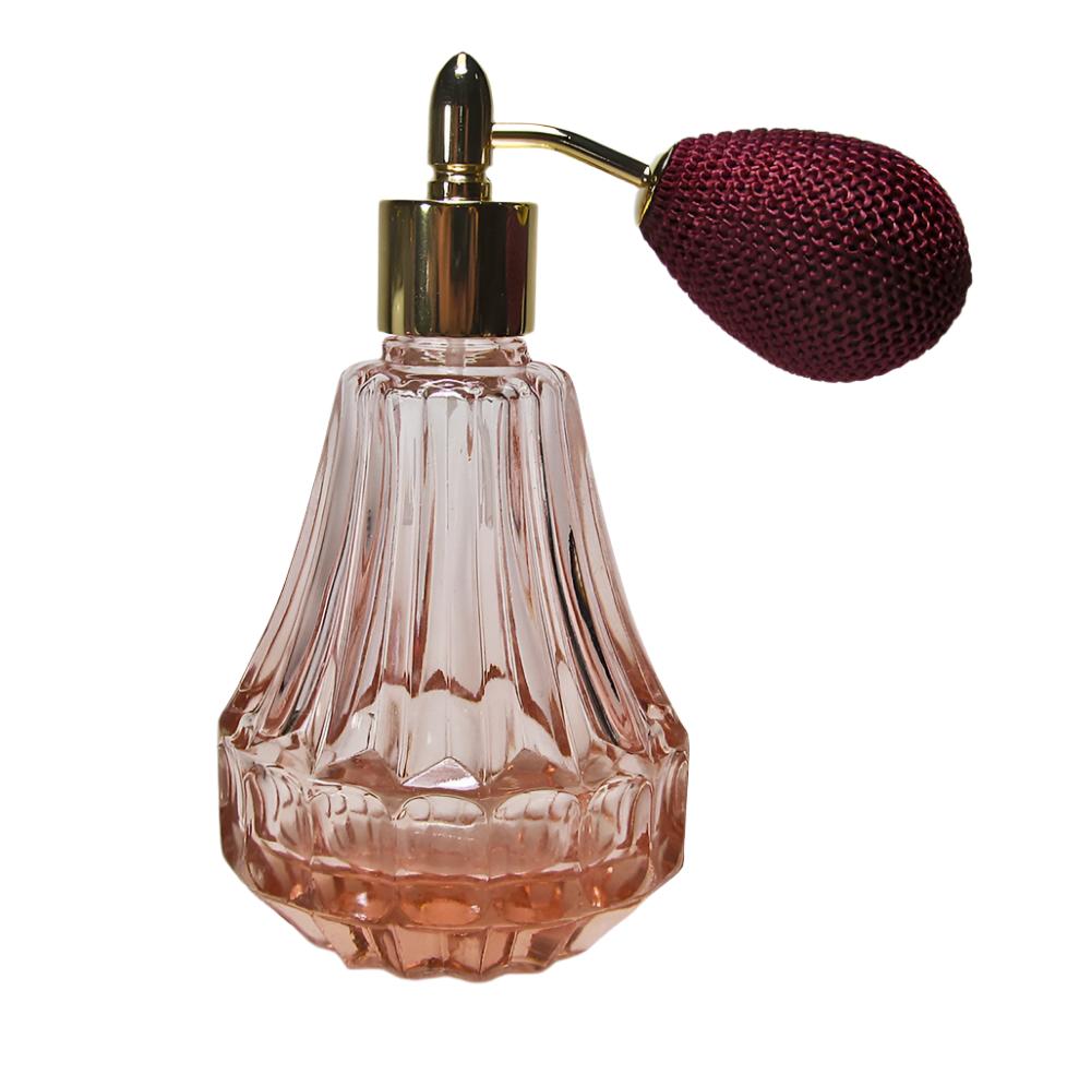 Light Red Crystal Glass Perfume Bottle With Burgundy Bulb Spray Mounting.