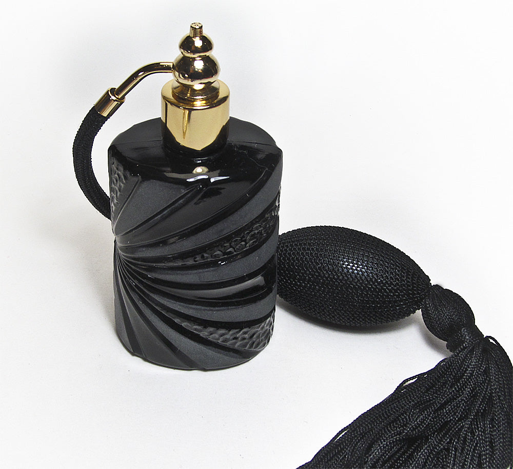 Black Opaque Glass Perfume Bottle With Black Bulb And Tassel Spray Mounting.