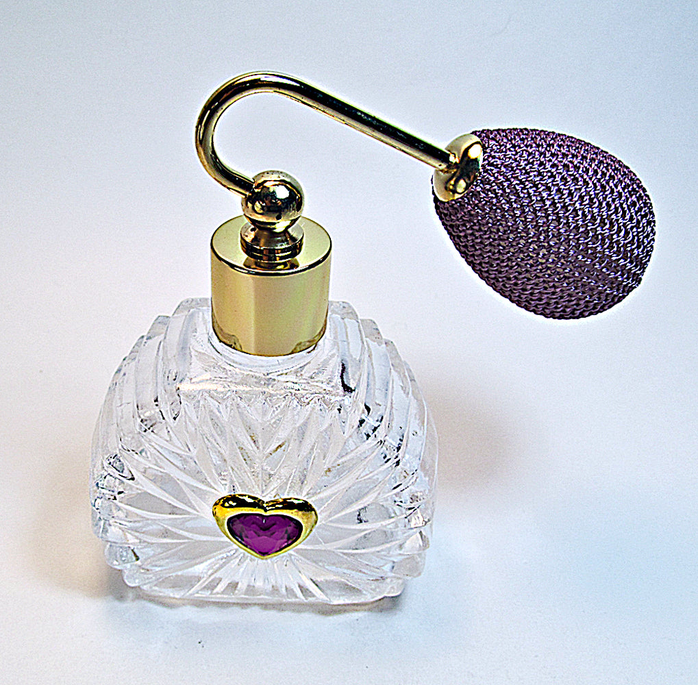 Unique Perfume Crystal Glass Bottle With Purple Heart Decor And Purple (Lavender) Bulb Spray Attachment.(New!)