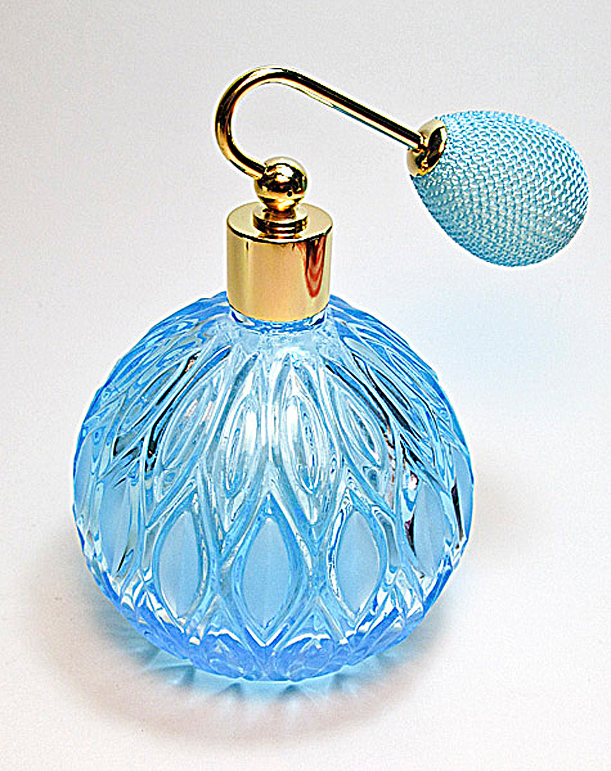 Vanity Turquoise Crystal Engraved Perfume Bottle With Bulb Spray Attachment.