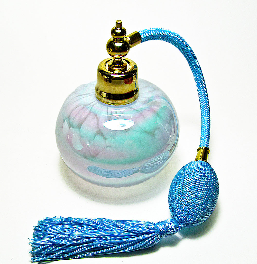 Hand Made Art Glass Perfume Bottle With Bulb And Tassel Spray Mounting.