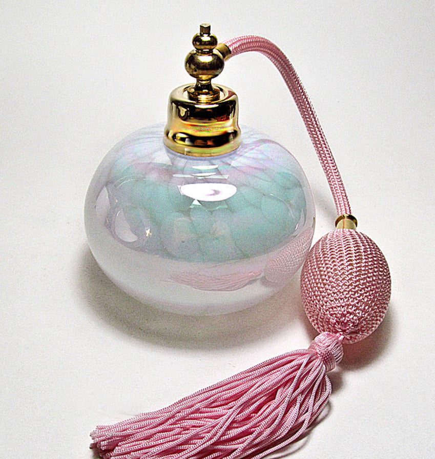 Hand Made Art Glass Perfume Bottle With Bulb And Tassel Spray Mounting.