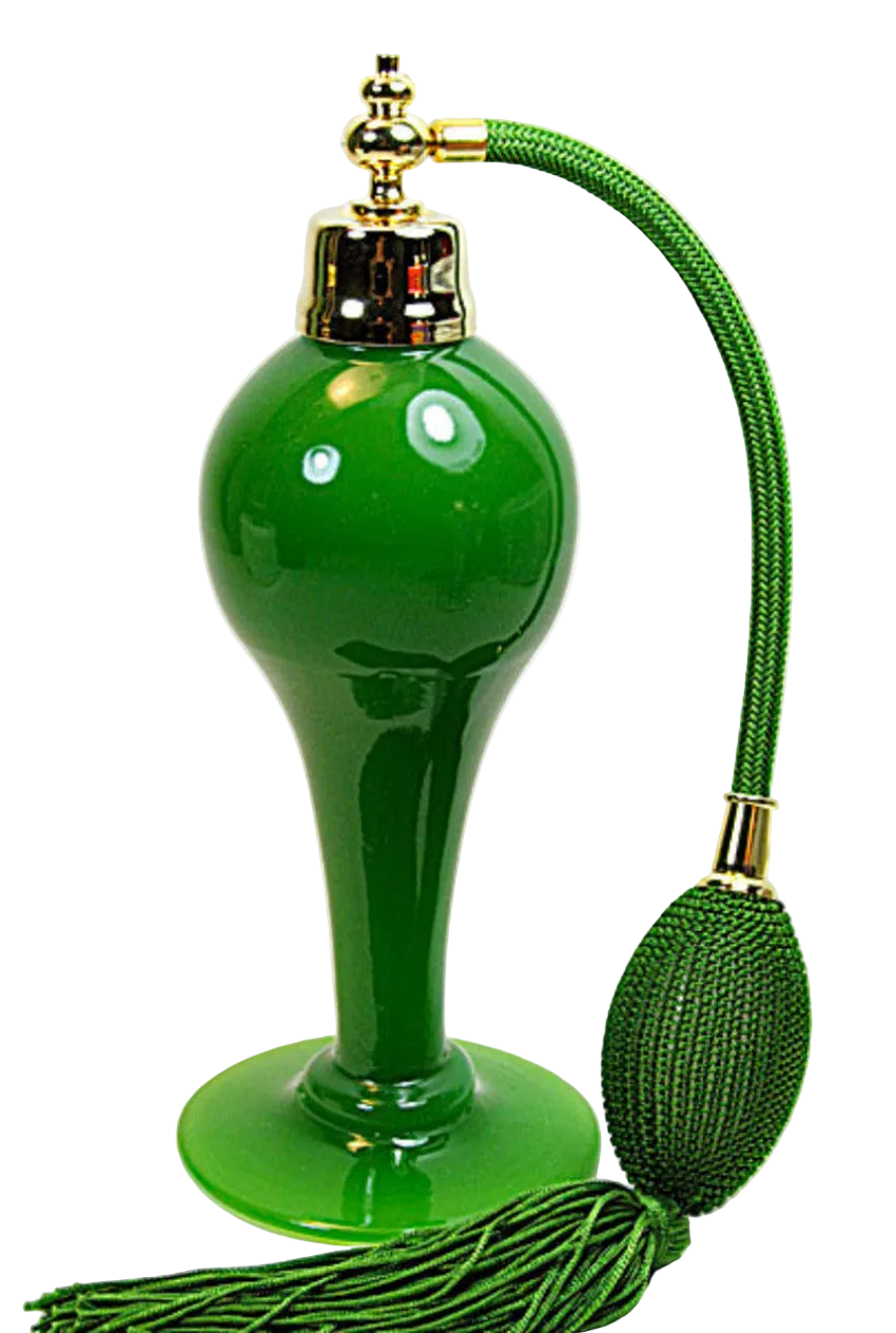 Green perfume bottle with gold accents on a white background