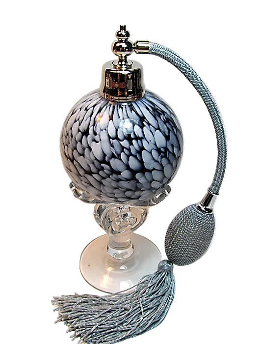 Art hand made perfume bottle with silver (Gray) bulb and tassel spray mounting.