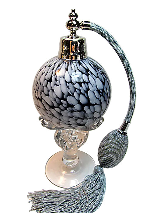Art hand made perfume bottle with silver (Gray) bulb and tassel spray mounting.