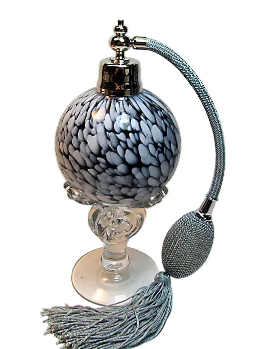 Art hand made perfume bottle with silver (Gray) bulb and tassel spray mounting.
