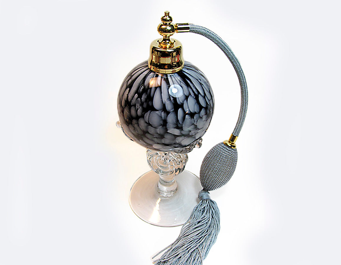 Art hand made perfume bottle with silver (Gray) bulb and tassel spray mounting.
