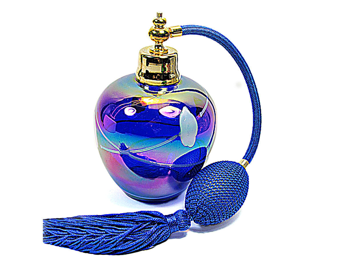 Art made by hand and mouth blow crystal glass perfume bottle with blue bulb and tassel spray attachment.