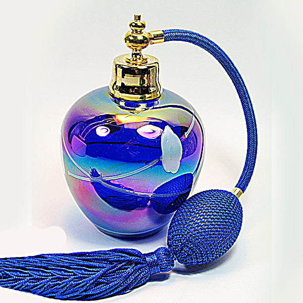 Art made by hand and mouth blow crystal glass perfume bottle with blue bulb and tassel spray attachment.