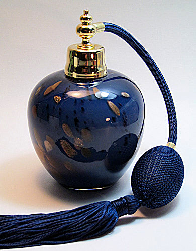 Excellent art crystal glass perfume bottle with dark blue bulb and tassel spray attachment.