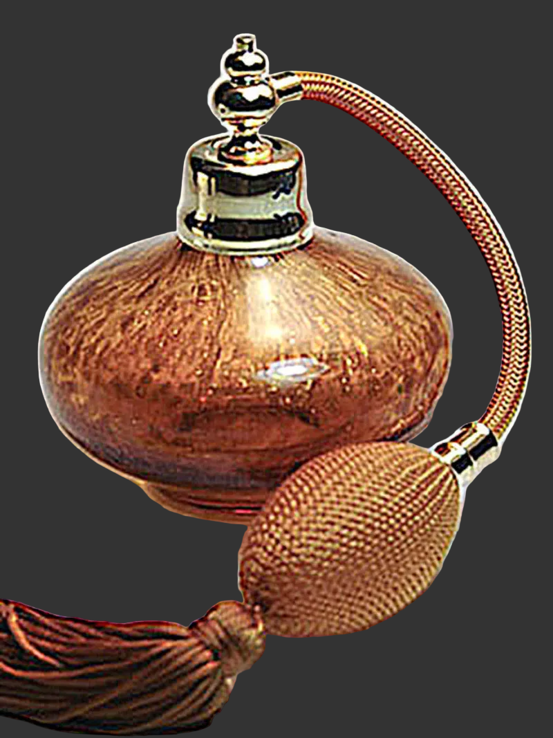 Refillable art crystal glass perfume bottle with brown gold tassel spray attachment.