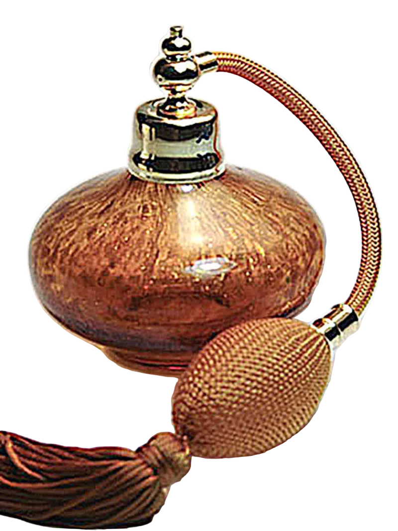 Refillable art crystal glass perfume bottle with brown gold tassel spray attachment.