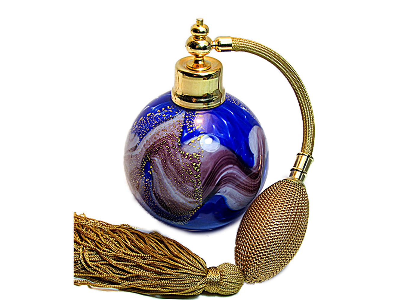 Art crystal glass perfume bottle with gold Bulb ahd tassel spray mounting.