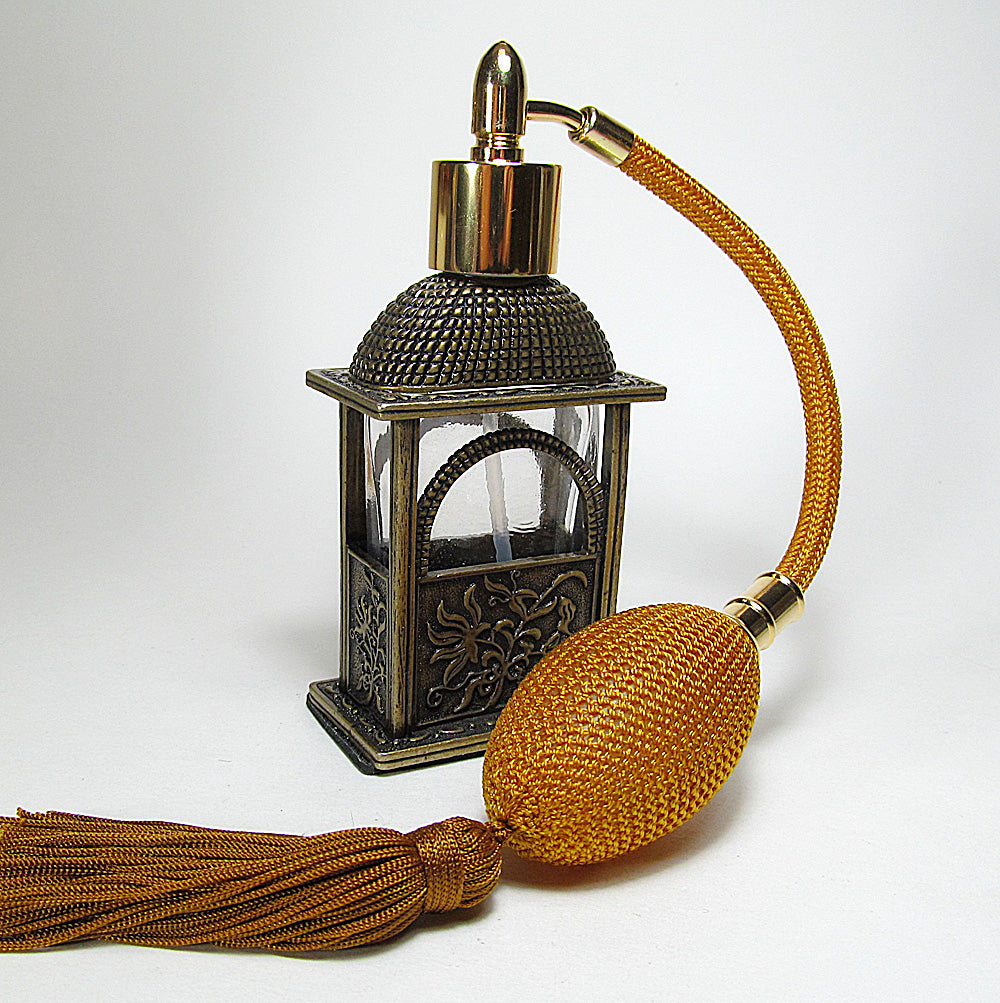 Antique Perfume Bottle With Brown Gold Bulb And Tassel Spray Mounting.