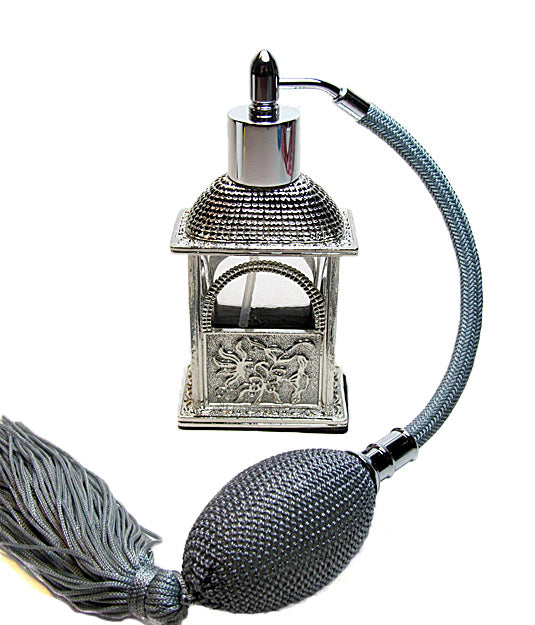 Antique Perfume Bottle With Silver Gray Bulb And Tassel Spray Mounting.