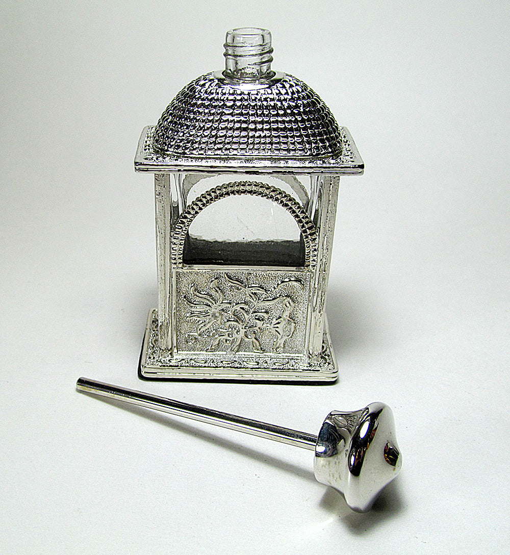 Antique Perfume Bottle With Silver Metal Screw Cap And Rod.