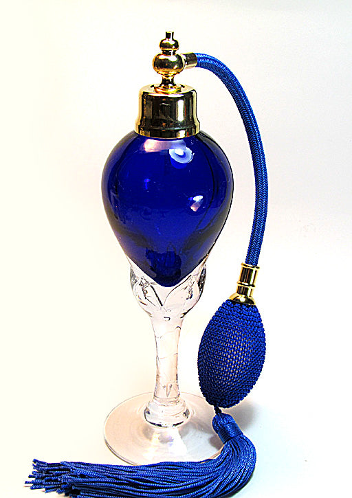 Art crystal glass perfume bottle with Blue bulb and tassel spray mounting.