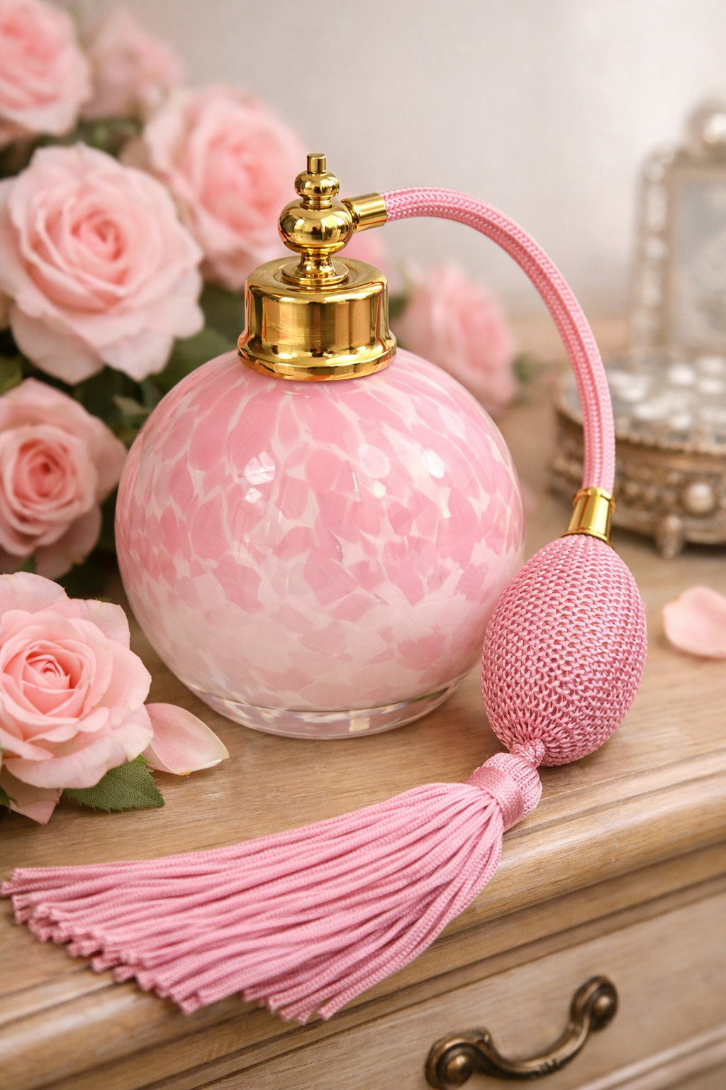 Art crystal glass perfume bottle with pink bulb ahd tassel spray mounting.