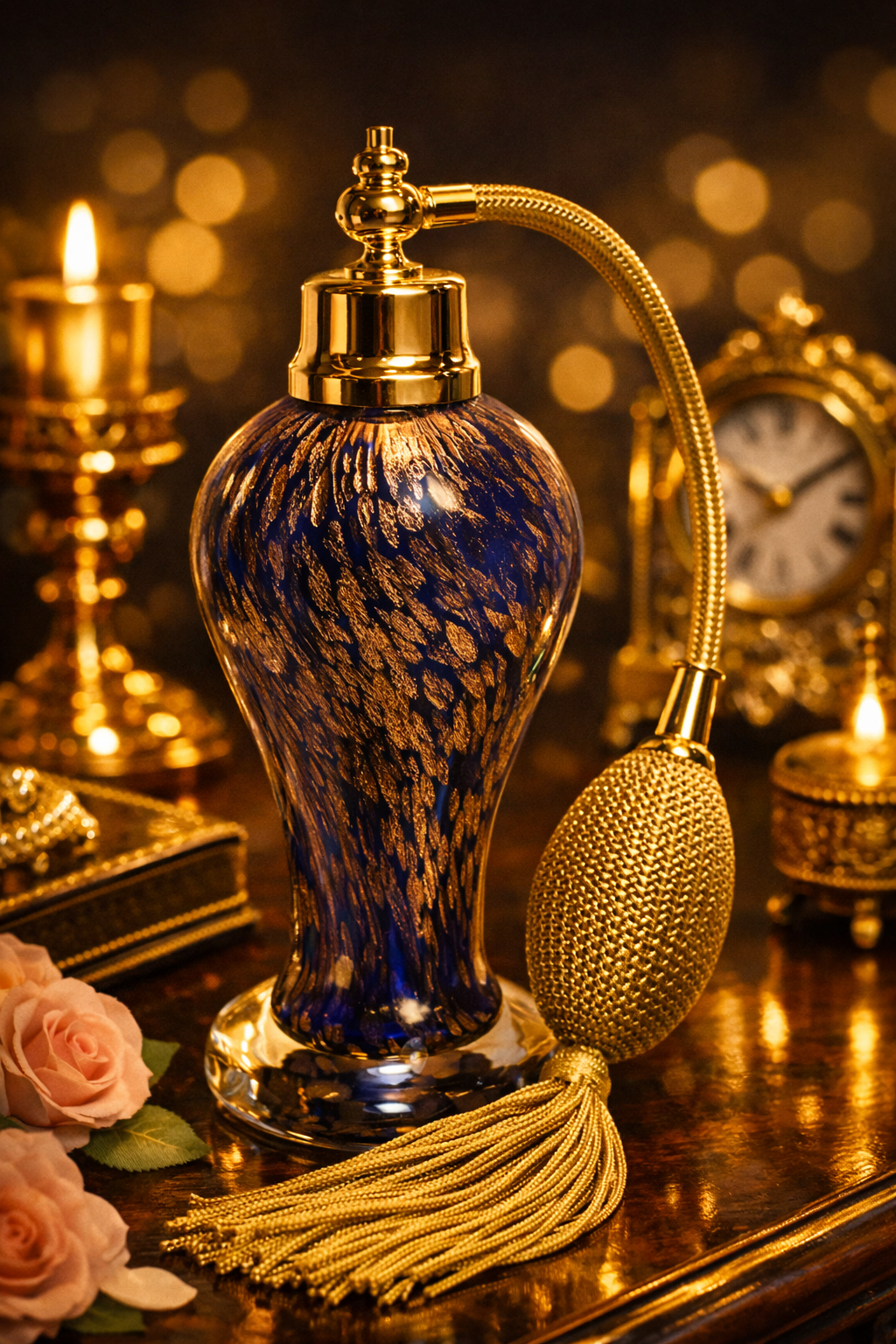 Mouth-Blown Cobalt Crystal Bottle With Gold decorated and Brown Gold Bulb Sprayer.