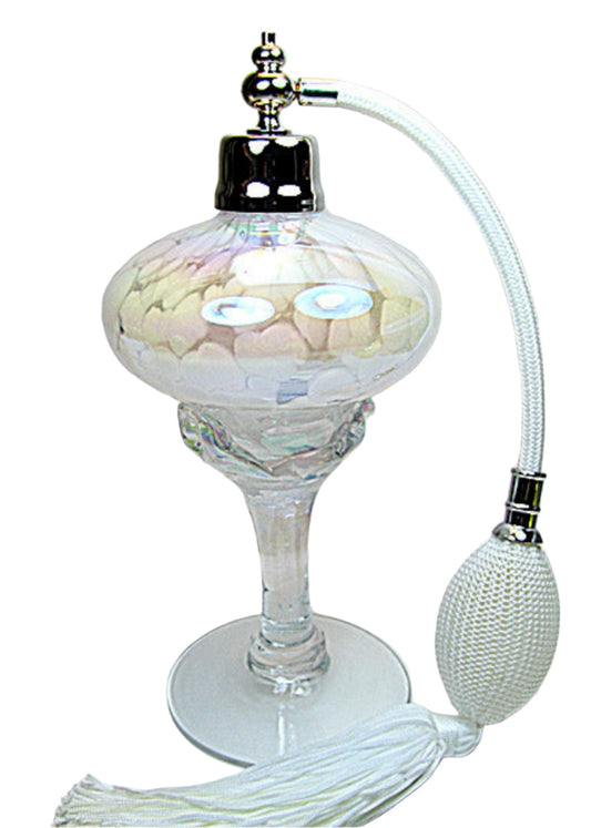 Art hand made perfume bottle with nickel sprayer and white bulb attachment.