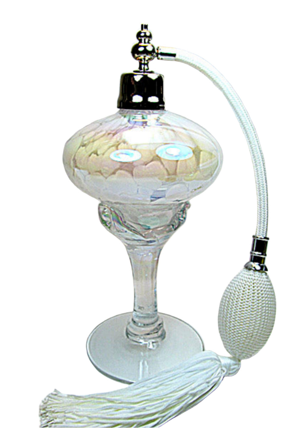 Art hand made perfume bottle with nickel sprayer and white bulb attachment.