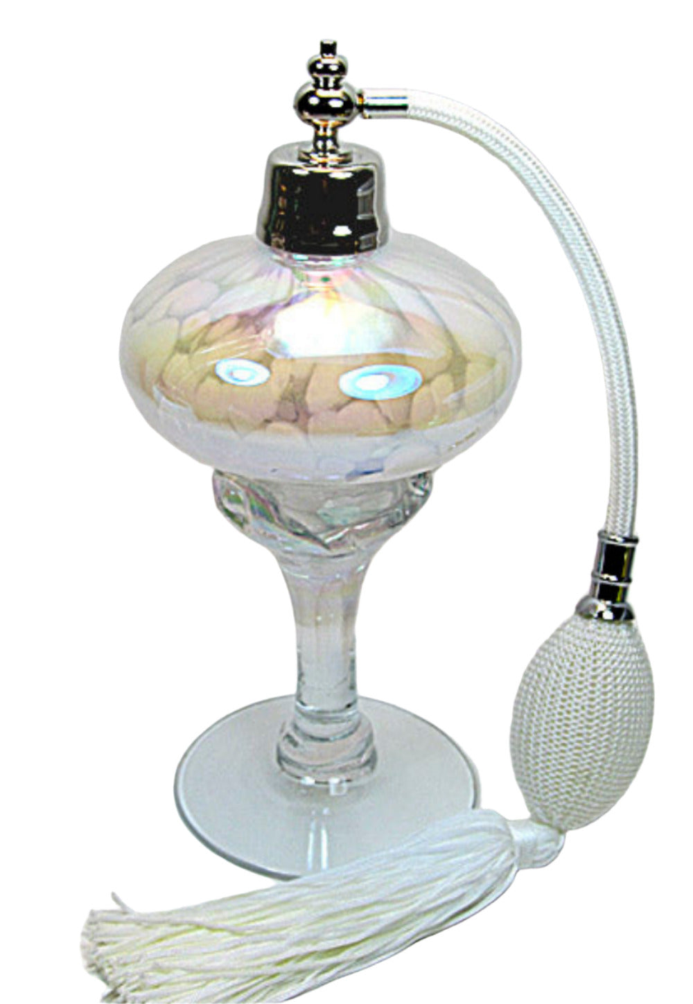 Art hand made perfume bottle with nickel sprayer and white bulb attachment.