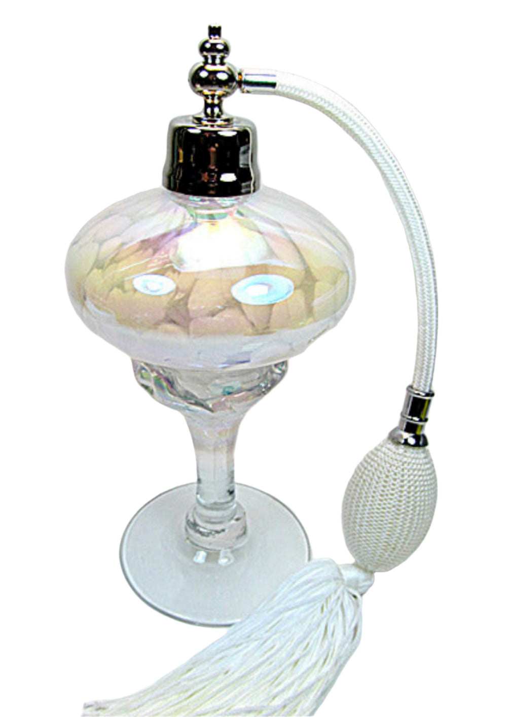 Art hand made perfume bottle with nickel sprayer and white bulb attachment.