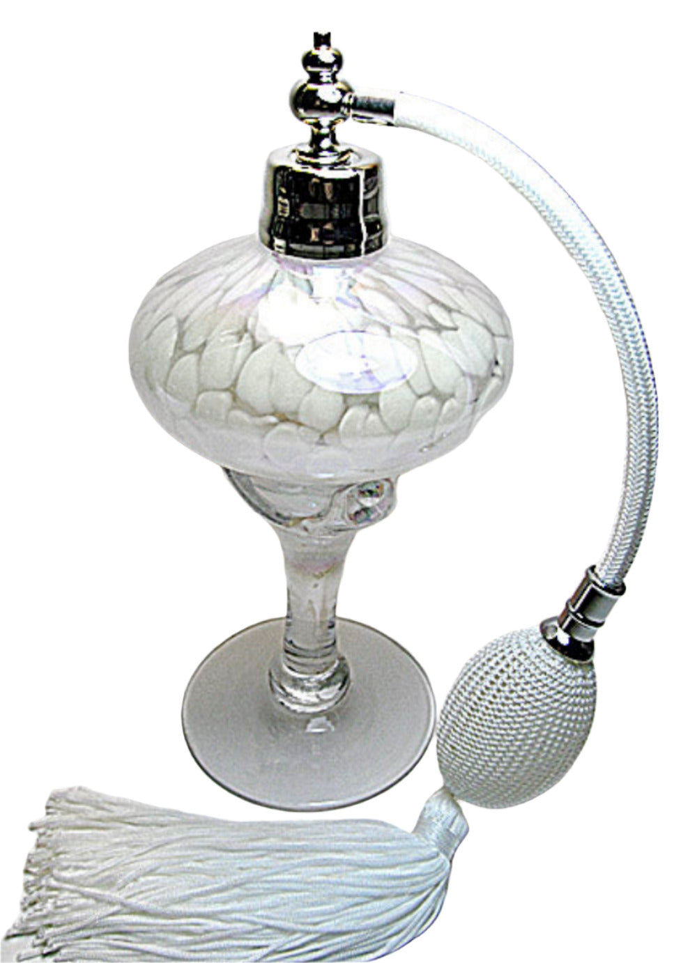 Art hand made perfume bottle with nickel sprayer and white bulb attachment.