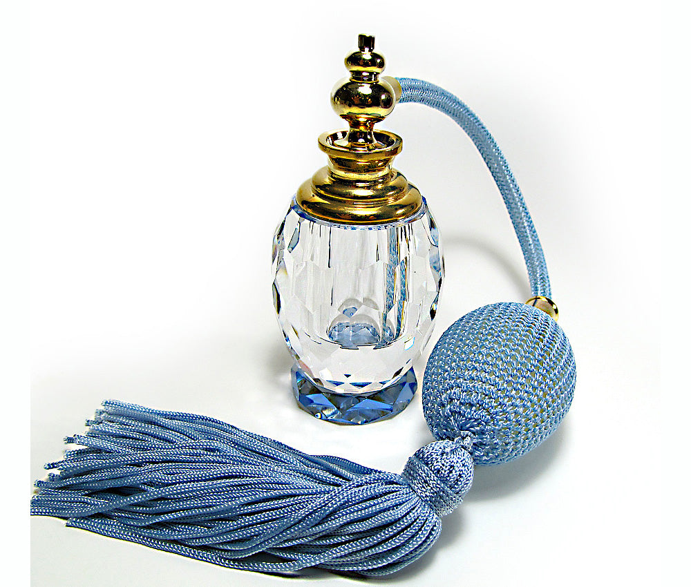 Lead Crystal Perfume Atomizer Bottle With Sky Blue Squeeze Bulb And Tassel Spray Mounting.