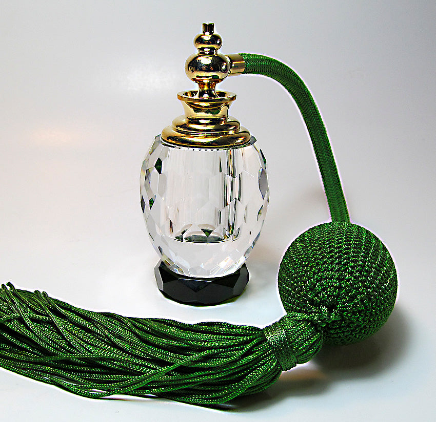 Lead Crystal Perfume Atomizer Bottle With Green Squeeze Bulb And Tassel Spray Mounting.