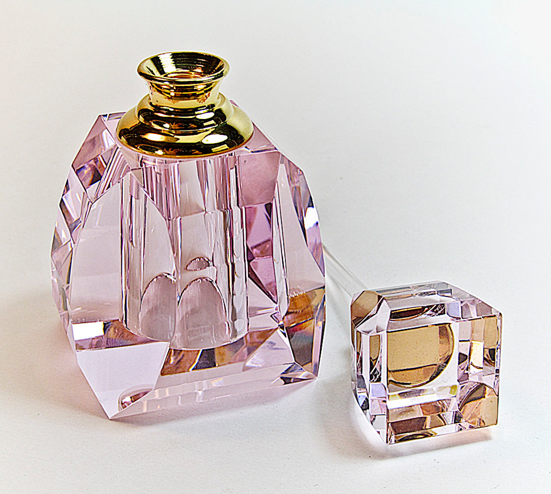 Pink Lead Cystal Perfume Bottle With Crystal Stopper And Glass Rod.