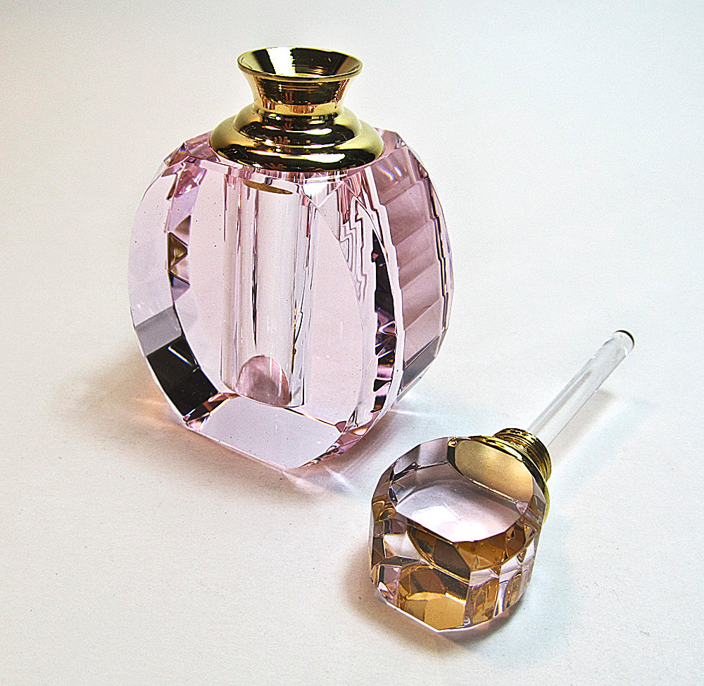 Pink Crystal Perfume Bottle With Pink Crystal Stopper and Glass Rod.