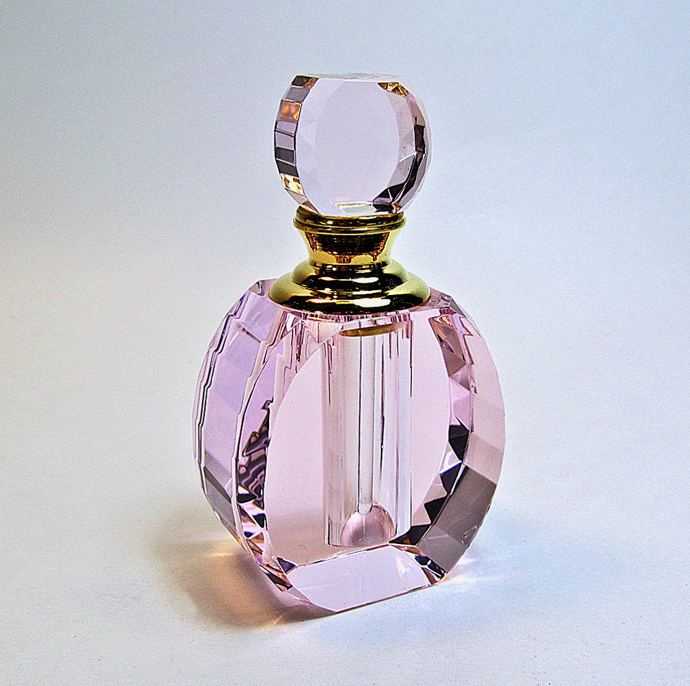 Pink Crystal Perfume Bottle With Pink Crystal Stopper and Glass Rod.