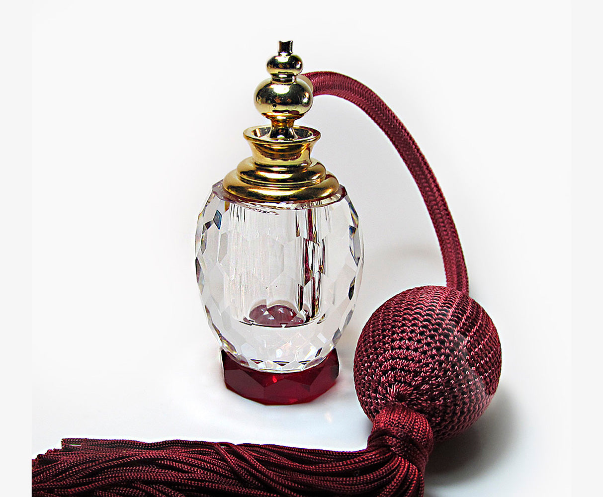 Lead Crystal Perfume Atomizer Bottle With Sky Burgundy Squeeze Bulb And Tassel Spray Mounting.