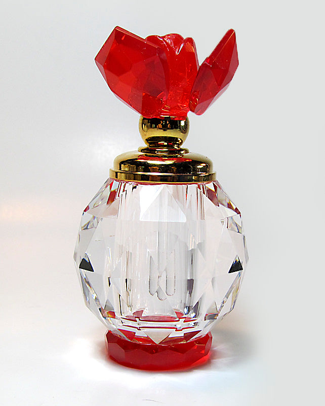 Genuine Lead Crystal Perfume Bottle With Red Floral Crystal Stopper And Glass Rod.